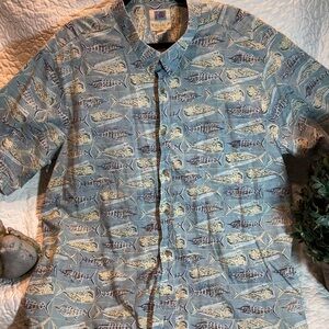 Kahala Men's Blue Fish Print Casual Button Down Shirt